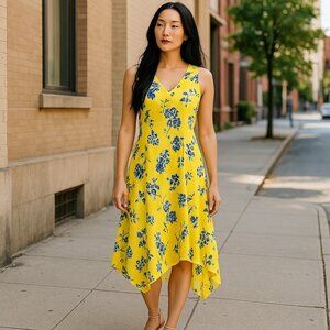 The Pioneer Woman Yellow Floral Sleeveless Dress Size M Rayon A-Line Summer Midi